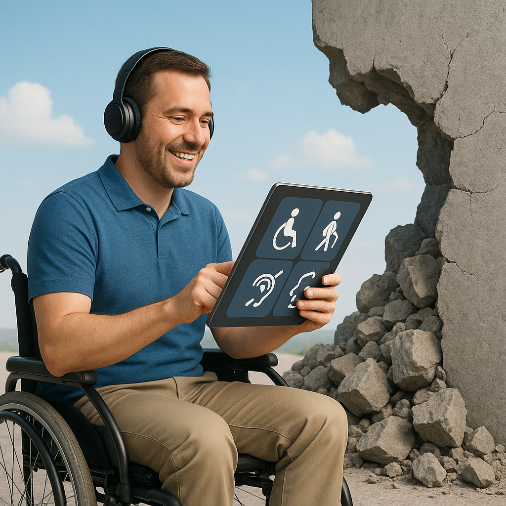 Ein Rollstuhlfahrer sitzt mit einem Tablet im Rollstuhl. Auf dem Tablet sind verschiedene Symbole, die für Einschränkungen stehen. Im Hintergrund sieht man eine Mauer, die durchbrochen wurde. Das Bild soll symbolisch die Überwindung von Barrieren darstellen.