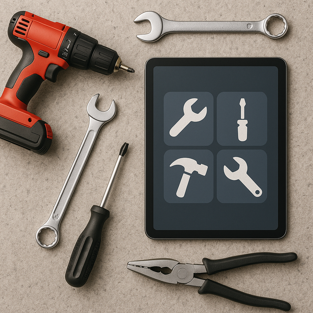 Verschiedene Werkzeuge liegen neben einem Tablet, auf dem Werkzeugsymbole gezeigt werden. Das Bild stet symbolisch für hilfreiche Werkzeuge.